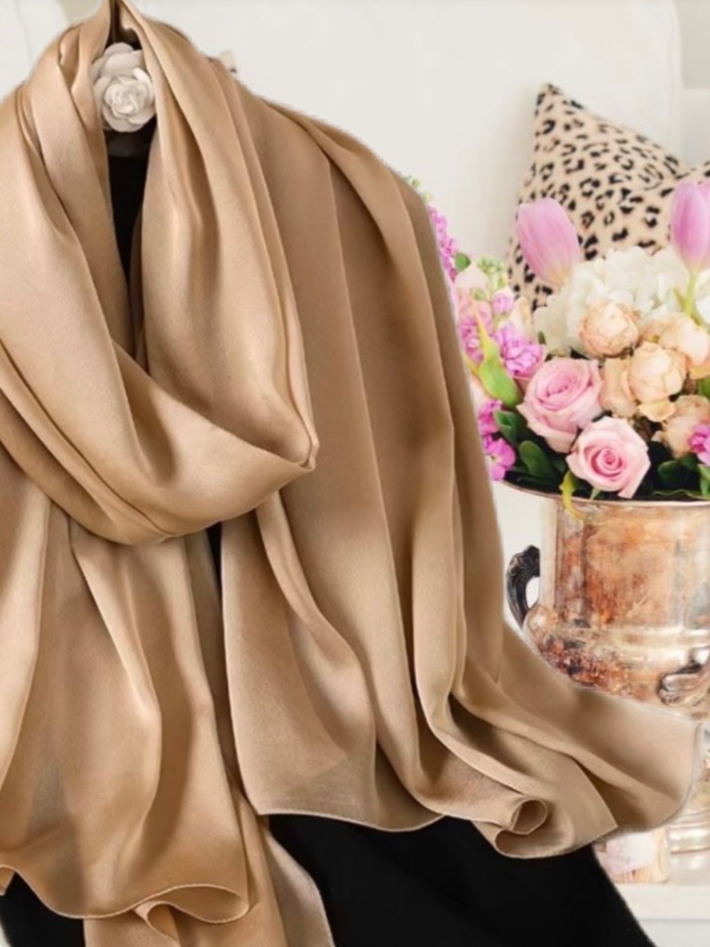 100% SILK SATIN Light Camel Brown Large Shawl Scarf Wrap Beige Wedding Cover Up